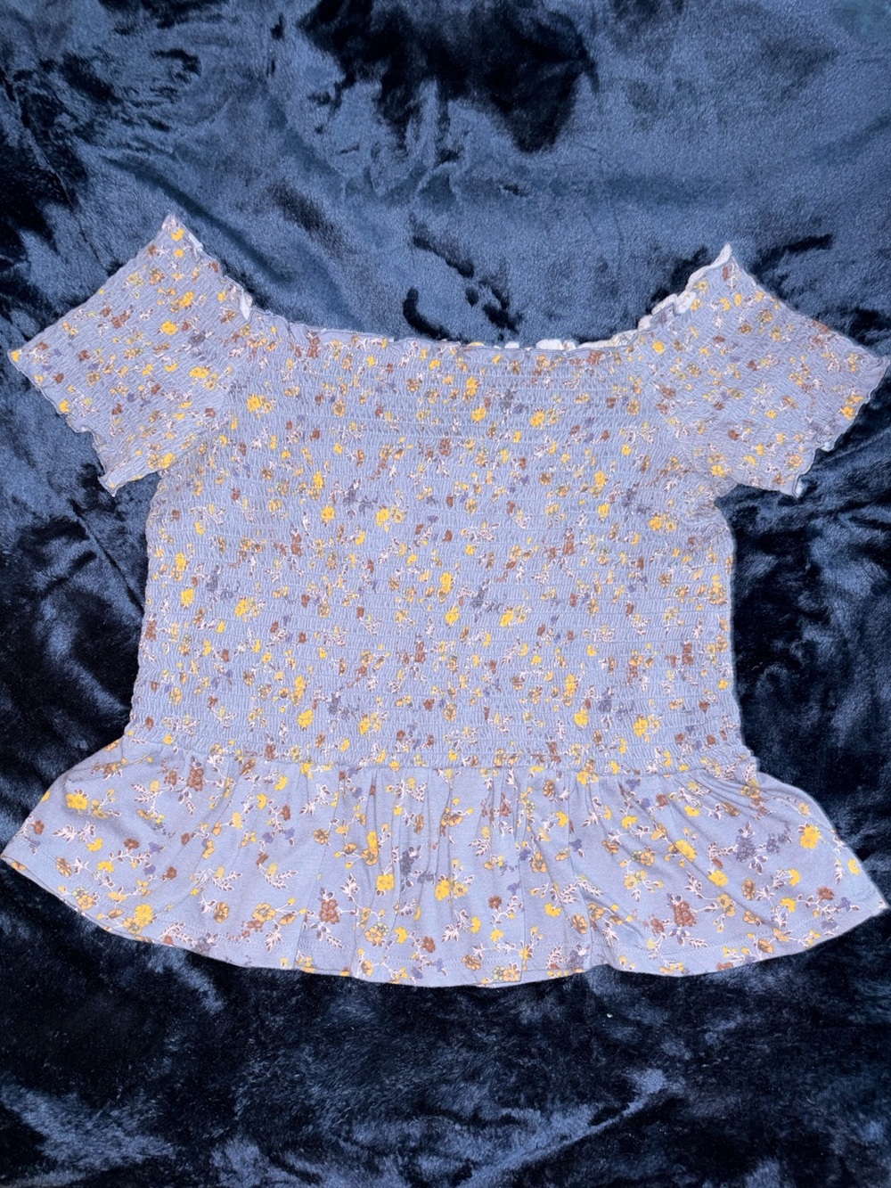 American Eagle Outfitters Blue Floral Summer Smocked Off-Shoulder Top